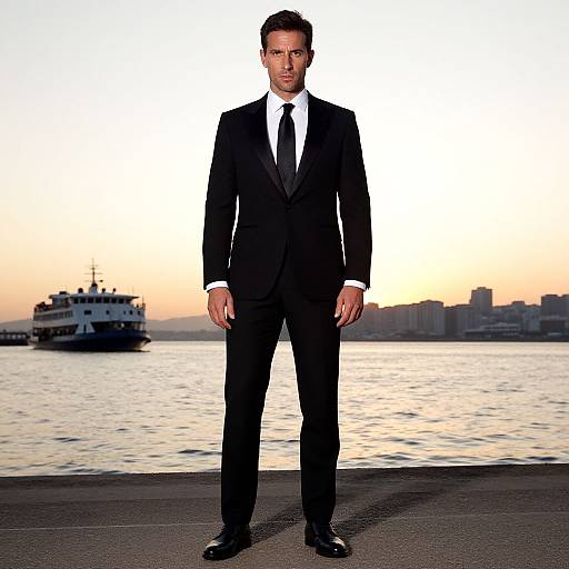 Photograph of a serious, dark-haired man in a black suit and white shirt standing on a waterfront pier at sunset, with a boat and cityscape
