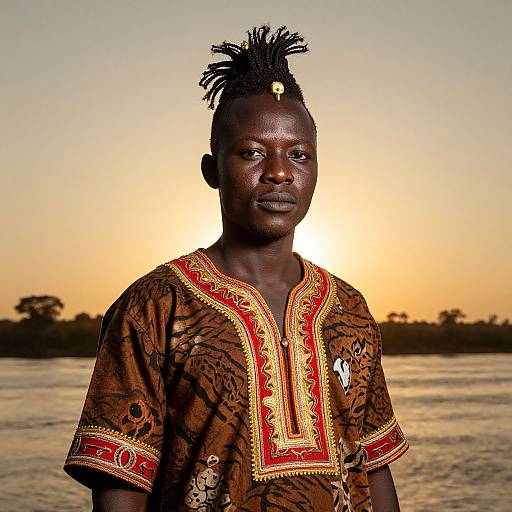 Photograph of a dark-skinned African man with a tall, braided hairstyle, wearing an ornate brown and red traditional shirt, standing against a