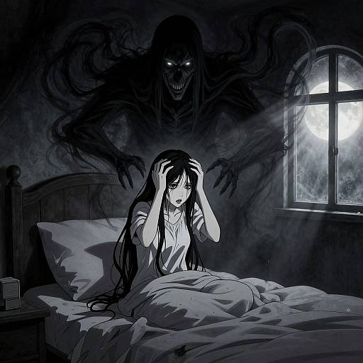 Digital anime-style drawing: Scared girl with long black hair in bed, hands on head, under moonlit window, dark shadowy monster looming behind