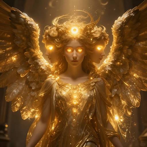 Digital artwork of a glowing, ethereal angel with golden wings, fiery eyes, and flowing hair, illuminated by radiant light.