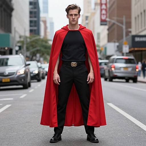 Photograph of a young man with short brown hair, wearing a red cape over a black shirt and pants, standing on a busy urban street with cars