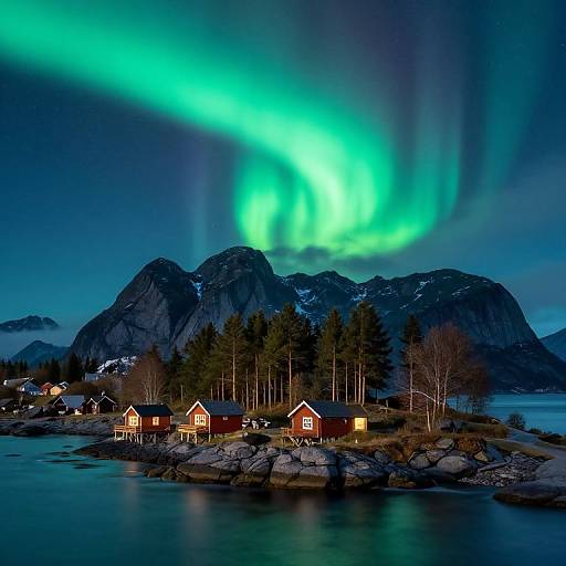 Photograph of Northern Lights illuminating a small coastal village with red wooden houses, surrounded by rocky shore and mountainous background.