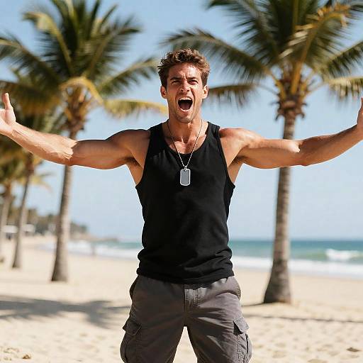 Muscular Man Shouting on Sunny Beach