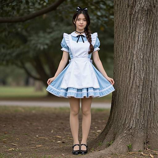 Photograph of an Asian woman in a blue and white Alice in Wonderland-style dress with black ribbon, standing in a park, next to a tree,