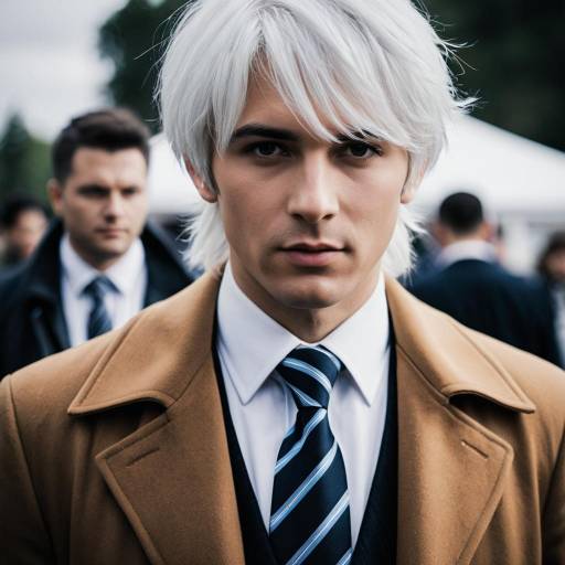 Young Man with White Hair in Brown Coat