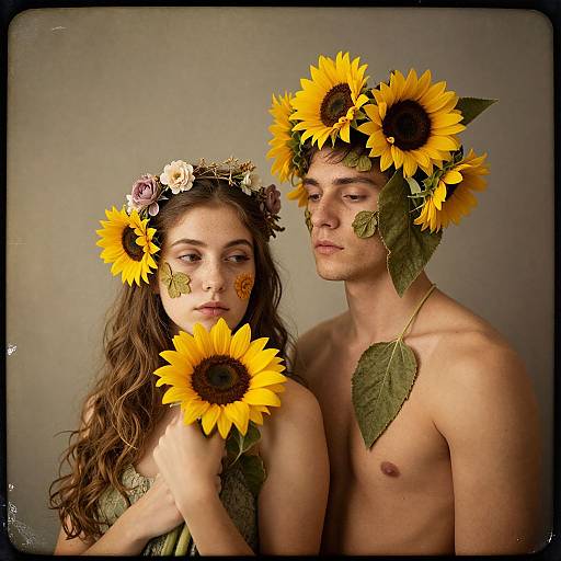 Photograph of a shirtless young couple wearing sunflower and leaf headpieces, with flower paint on their cheeks, against a gray background.