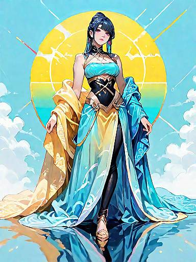 Dark Fantasy Woman in Blue and Yellow Dress