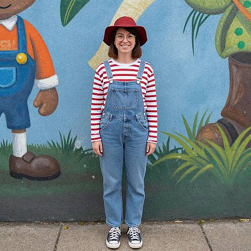 Photograph of smiling young girl in red hat, red-and-white striped shirt, blue overalls, standing in front of colorful mural.
