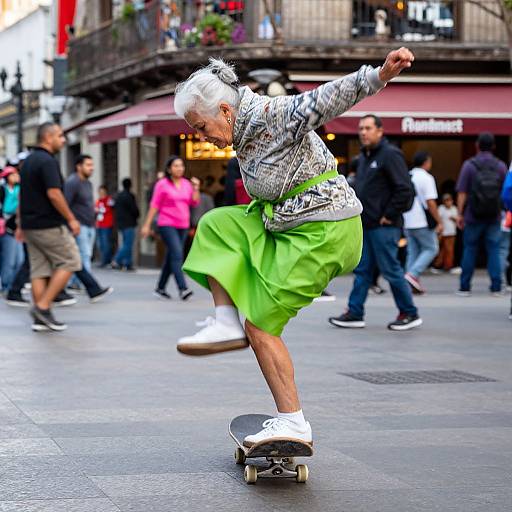 Photograph of an elderly man with white hair, wearing a gray patterned shirt and bright green skirt, skateboarding in a busy urban street. Bl
