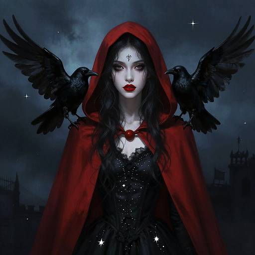 Gothic Woman with Red Hood and Ravens