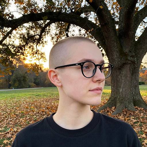 Person with Buzzcut and Glasses Outdoors