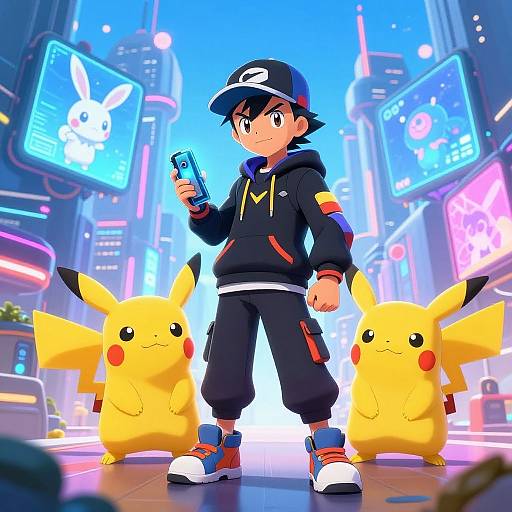 Digital anime-style illustration: Boy in black hoodie and cap, holding card, stands with two Pikachu in neon-lit futuristic city.