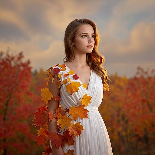 Photograph of a young woman with long brown hair, wearing a white dress adorned with autumn leaves, standing in a vibrant, sunlit field of red