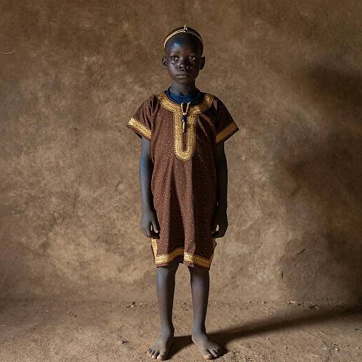 Photograph of a young, dark-skinned African child standing barefoot on dirt, wearing a brown dress with yellow trim and a blue collar, against