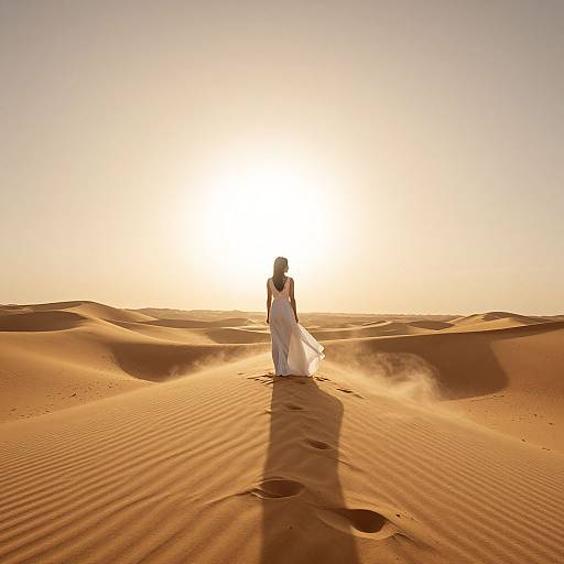 Photograph of a bride in a flowing white dress walking alone through a golden desert at sunset, casting a long shadow and kicking up sand.