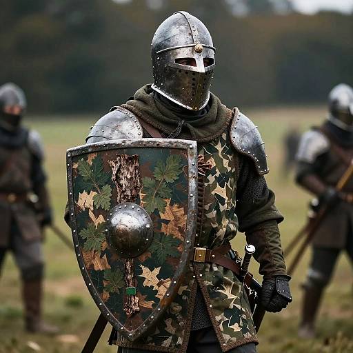Photograph of a medieval knight in shiny armor, holding a leaf-patterned shield, standing in a grassy field with blurred, armored figures in the