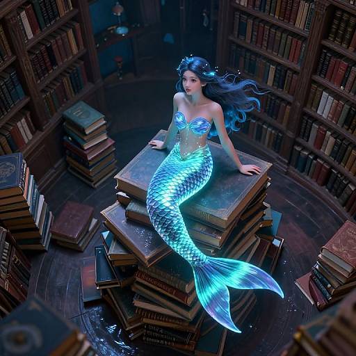 Surreal Mermaid Amidst Towering Tomes