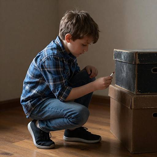 Boy Examining Object on Wooden Floor