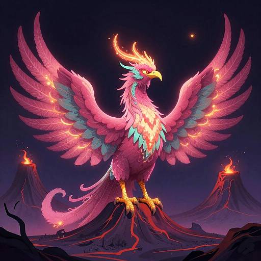 Mythical Magenta Phoenix Above Volcanoes