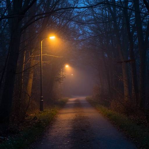 Misty Twilight Path with Streetlamps