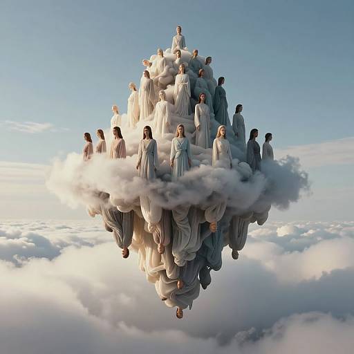 Digital artwork of a cloud-like sphere floating in the sky, filled with robed, ethereal figures, some sitting, some standing, against a clear