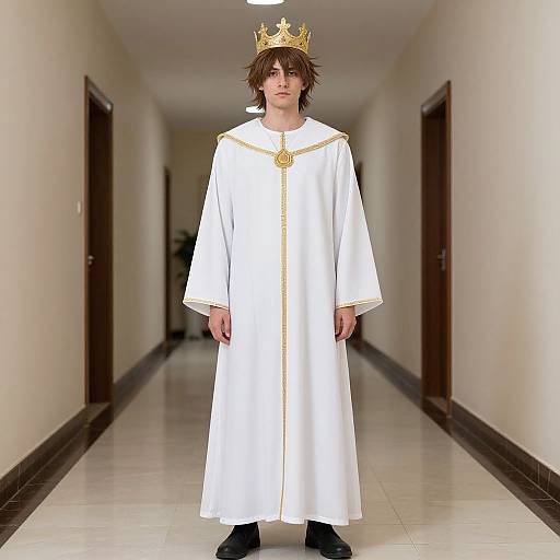 Photograph of a young man with brown hair, wearing a gold crown and a white robe with gold trim, standing in a long, empty hallway with
