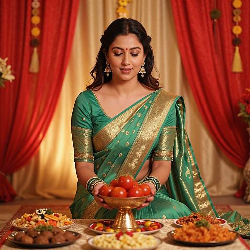 Photograph of an Indian woman in a green sari with gold trim, holding a bowl of red apples, in a warmly lit, red and gold