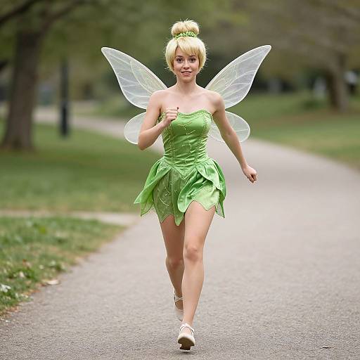 Photograph of a blonde fairy with green dress, transparent wings, and bun hairstyle, running down a park pathway on a sunny day.
