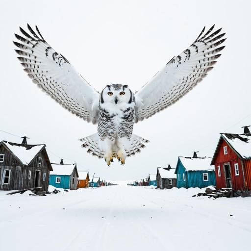 Giant Snowy Owl Soaring Over Arctic Village
