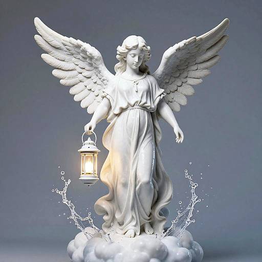 Photorealistic digital artwork of a white marble angel statue with wings, holding a glowing lantern, standing on a cloud with water splashes.