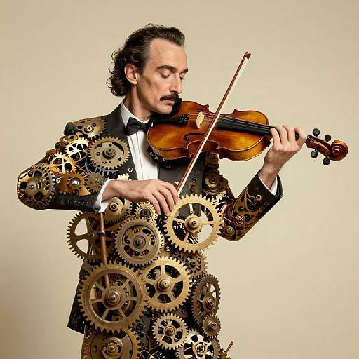 Photograph of a man with dark, wavy hair playing a violin, wearing a black tuxedo covered in large, intricate metal gears, against