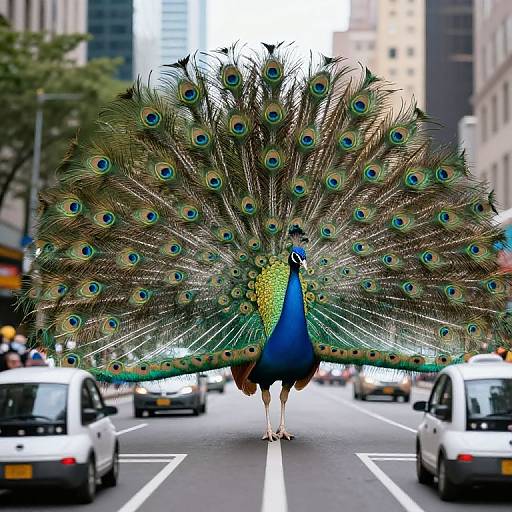 Photograph of a vibrant peacock with an expansive, eye-patterned tail walking down a city street surrounded by white taxis.