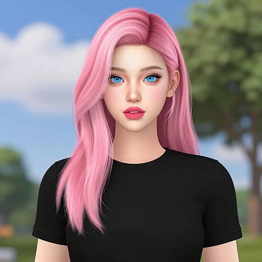 Digital anime-style portrait of a young woman with long pink hair, blue eyes, wearing a black shirt, against a blurred outdoor background.