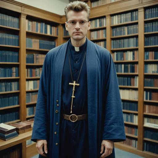 Priest in Indigo Robe in Library