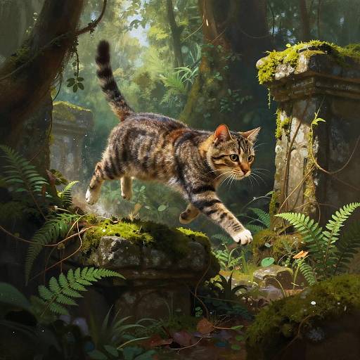 Graceful Tabby Cat in Mossy Ruins