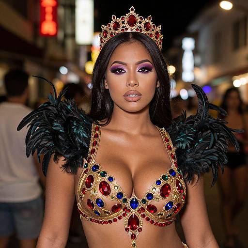 Photograph of a stunning woman with dark hair, wearing a gold and red bejeweled bra, black feathered shoulders, and a crown,