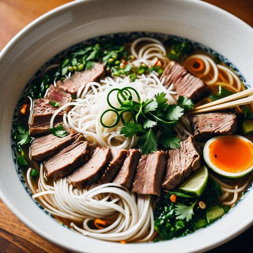 Close-up of Beef Pho with Rice Noodles and Herbs