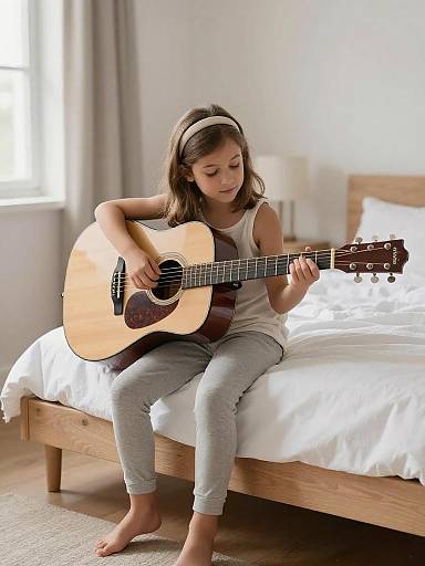 Girl Practicing Guitar in Cozy Bedroom