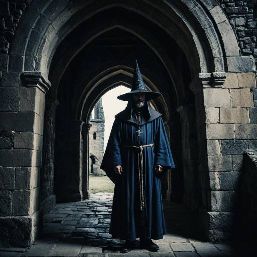Solemn Wizard in Medieval Stone Archway