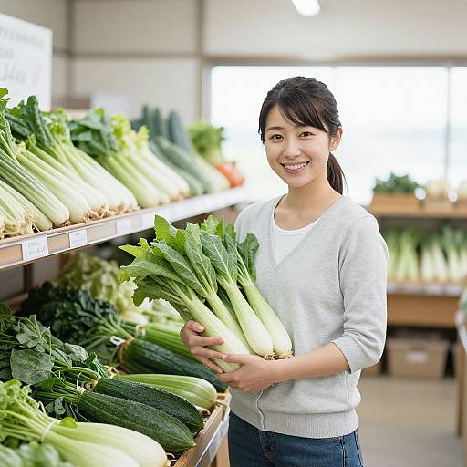 Photograph of a smiling Asian woman in a white sweater, holding fresh green celery in a well-lit grocery store.
