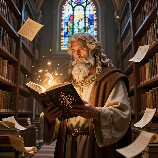 Magical elderly wizard with long white beard and robes, holding a glowing book, in a library with floating papers and a colorful stained glass window in the