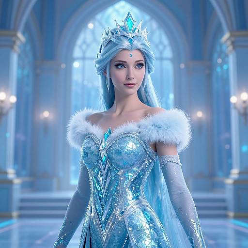 Digital CGI image of a blue-haired, fair-skinned queen in a sparkling blue ice-themed gown with fur trim, silver tiara, and gloves,