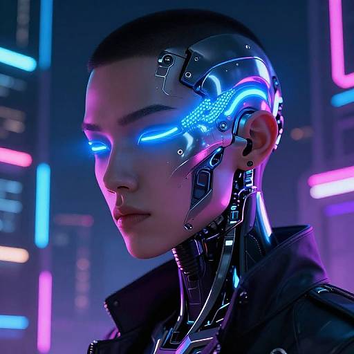Cyberpunk portrait of a woman with glowing blue neon lights on her cybernetic face and neck, set against a neon-lit cityscape.