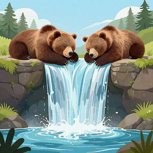 Digital illustration of two brown bear cubs sitting on rocks, leaning over a cascading waterfall, with pine trees and mountains in the background. Bright,