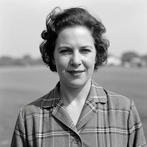 Black-and-white photograph of a smiling middle-aged woman with short, wavy hair, wearing a plaid button-up shirt, standing outdoors with a blurred