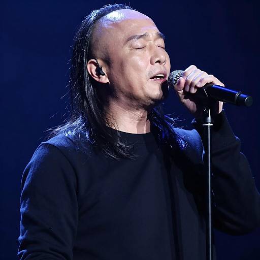 Bald Man Singing Under Blue Lights