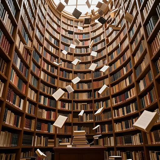 Photograph of a grand, circular library with floating books, wooden shelves, and a central table, bathed in warm, golden light.
