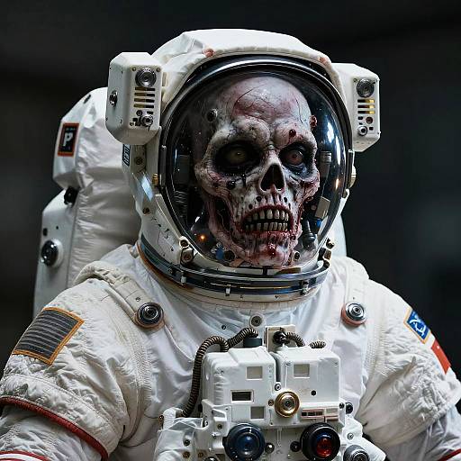 Digital art of a skull-faced astronaut in a white spacesuit with reflective helmet, featuring realistic textures and dark, ominous background.