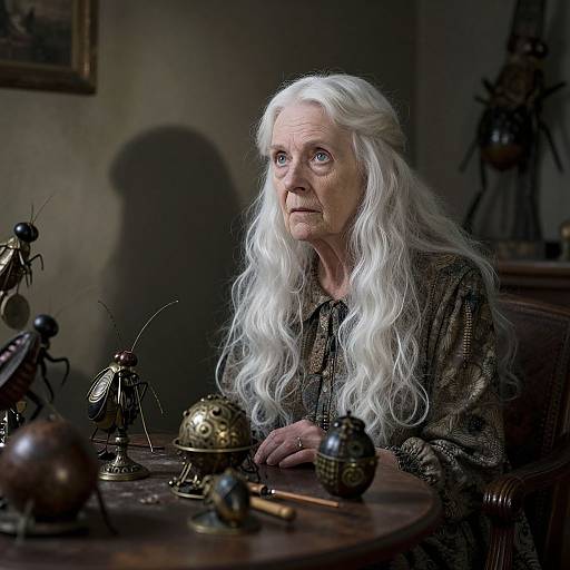Photograph of an elderly white man with long white hair, wearing a dark patterned shirt, sitting at a wooden table with antique clockwork toys and