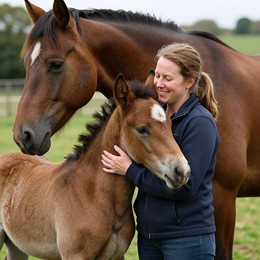 Photograph of a smiling woman in a navy hoodie hugging a brown foal, with a larger brown horse standing beside them in a green grassy